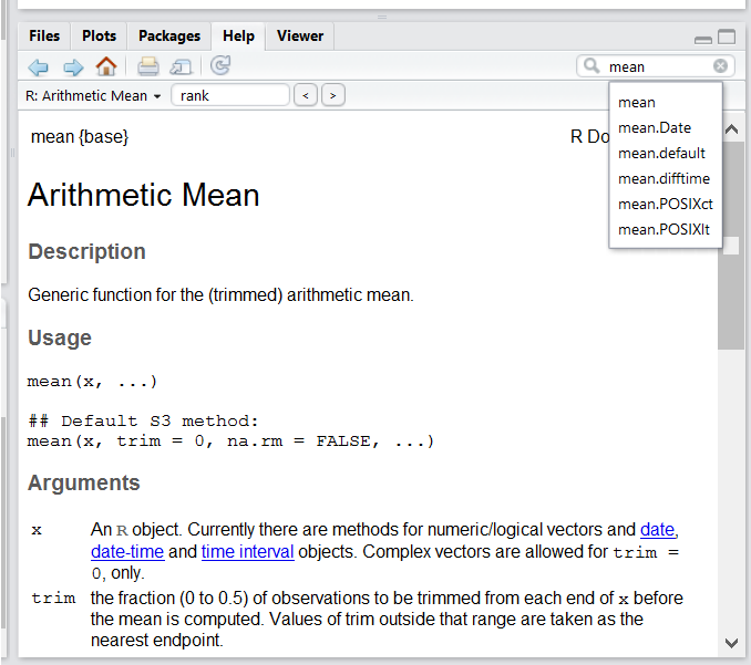 RStudio help panel. When typing a word in the search field, it will showrelated suggestions.