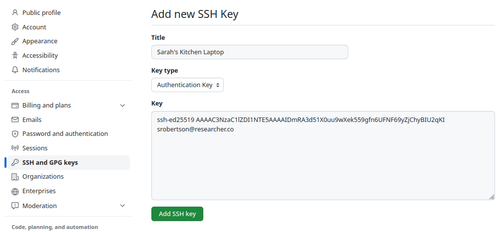 Screenshot of the GitHub New SSH Key page. Three fields are showing: Title, Key type and Key.